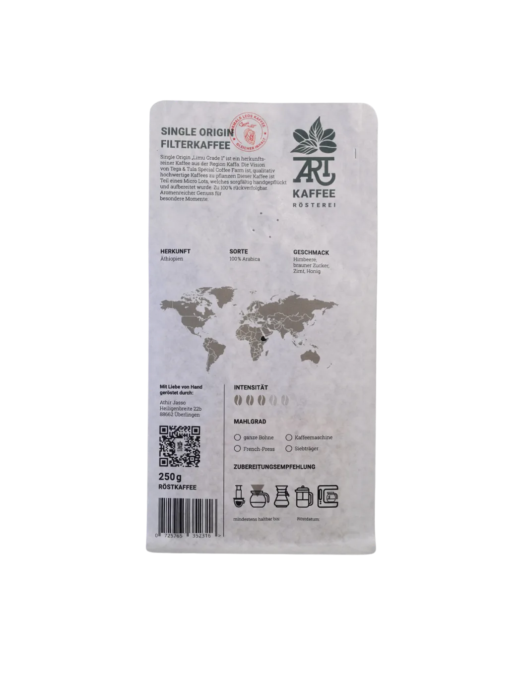 ArtKaffee Single Origin Filterkaffee Packung Rückseite
