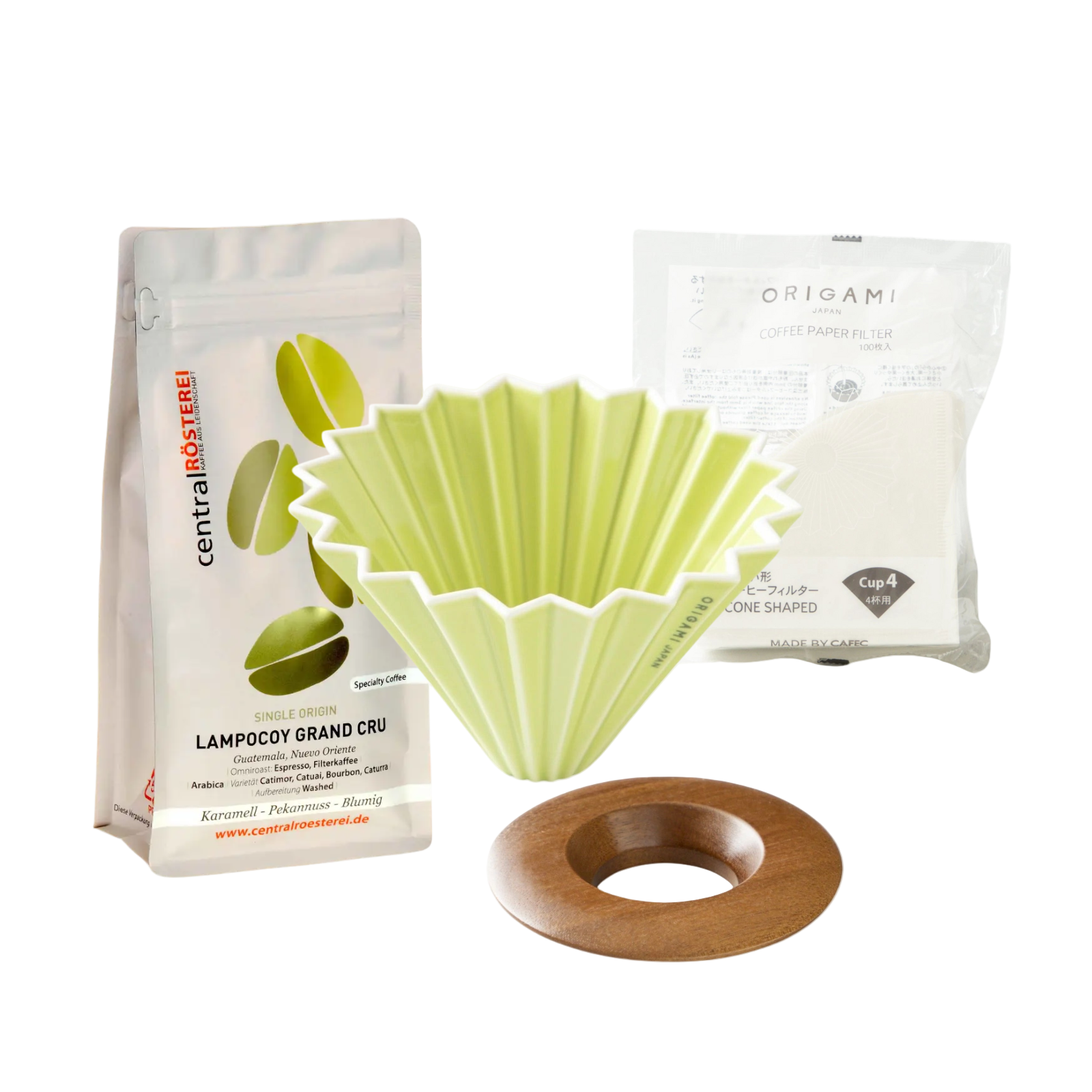 Green-Origami-dripper-set-mit-Kaffeebohnen
