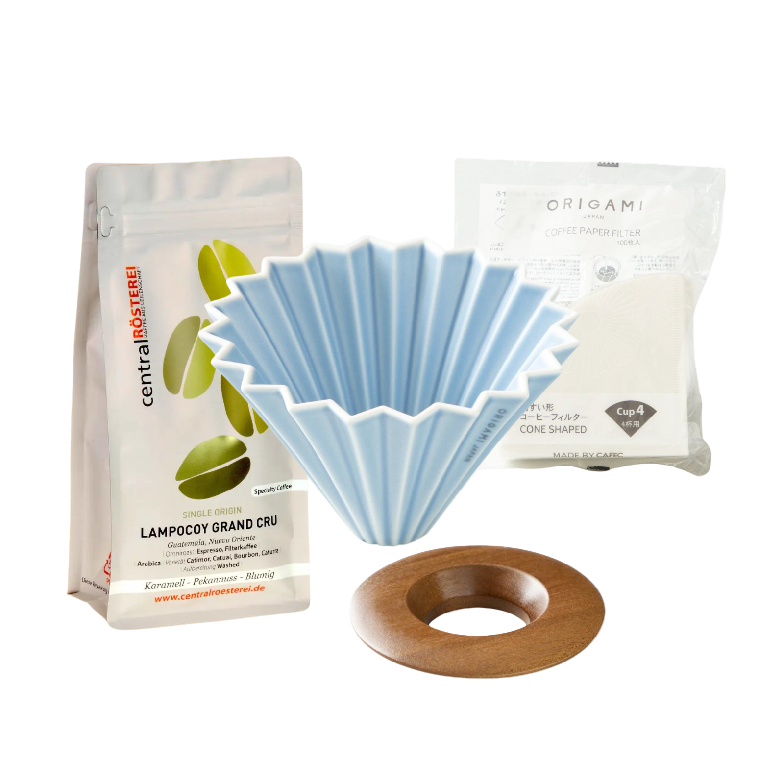 Matt-Blue-Origami-dripper-set-mit-Kaffeebohnen