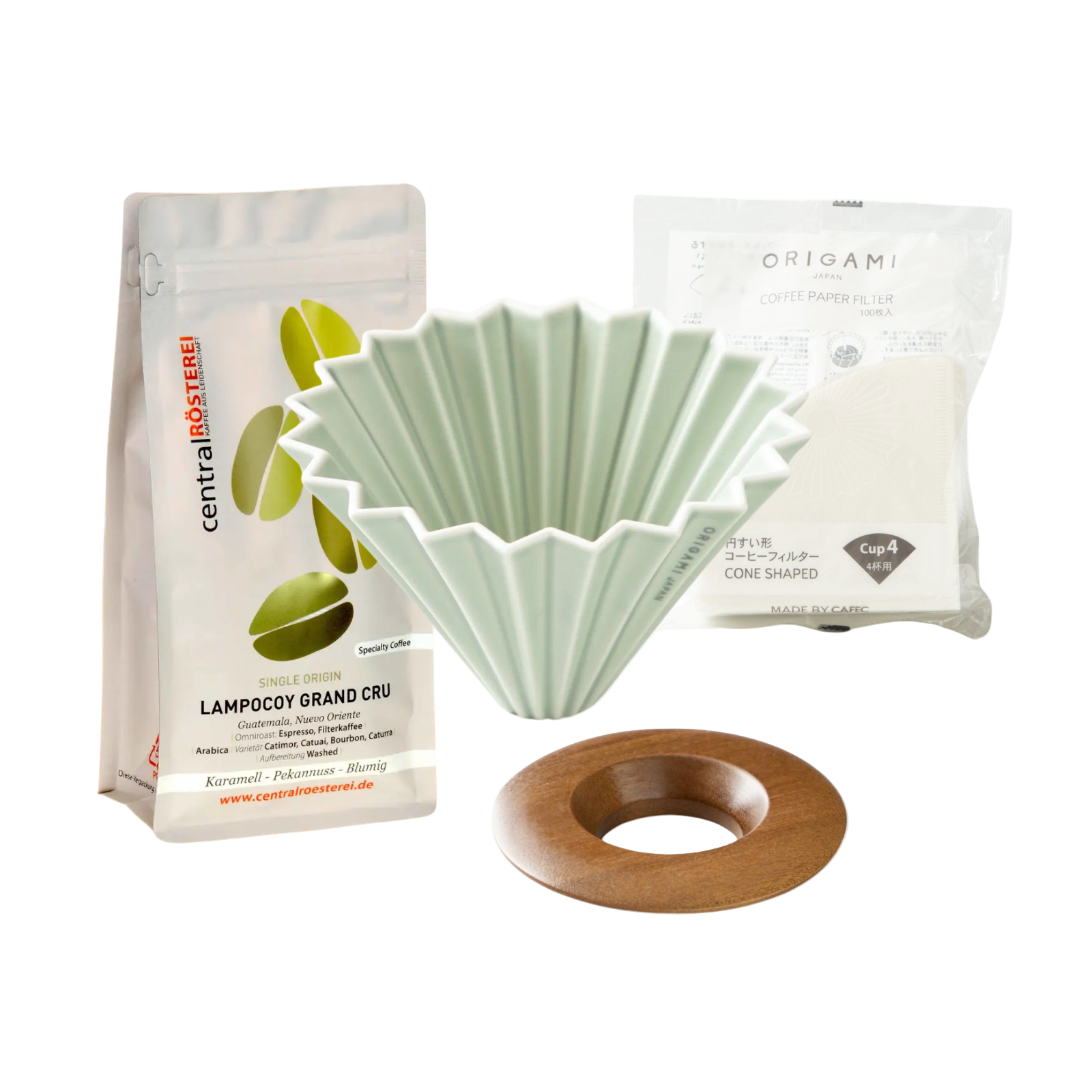 Matt-Green-Origami-dripper-set-mit-Kaffeebohnen