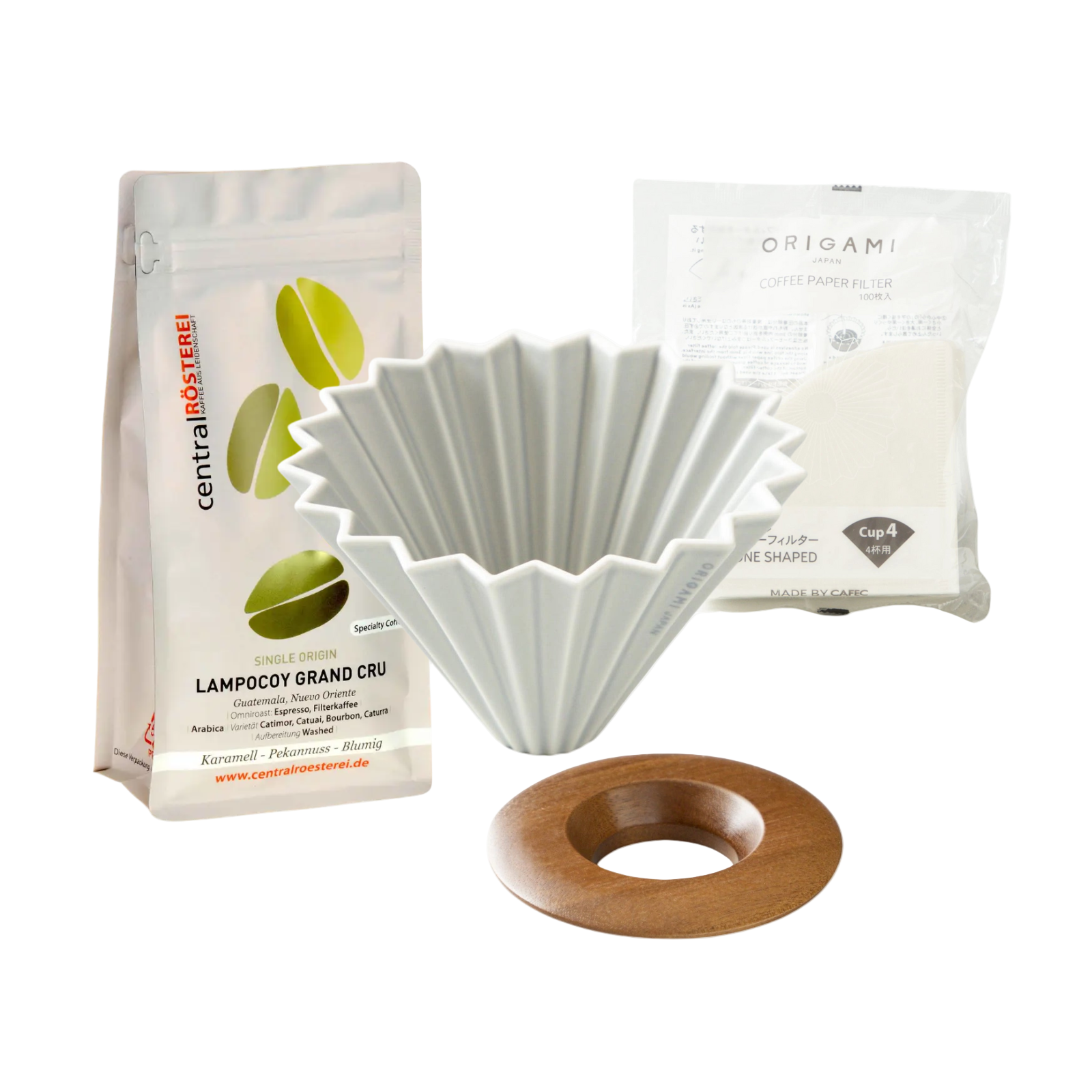 Matt-Grey-Origami-dripper-set-mit-Kaffeebohnen
