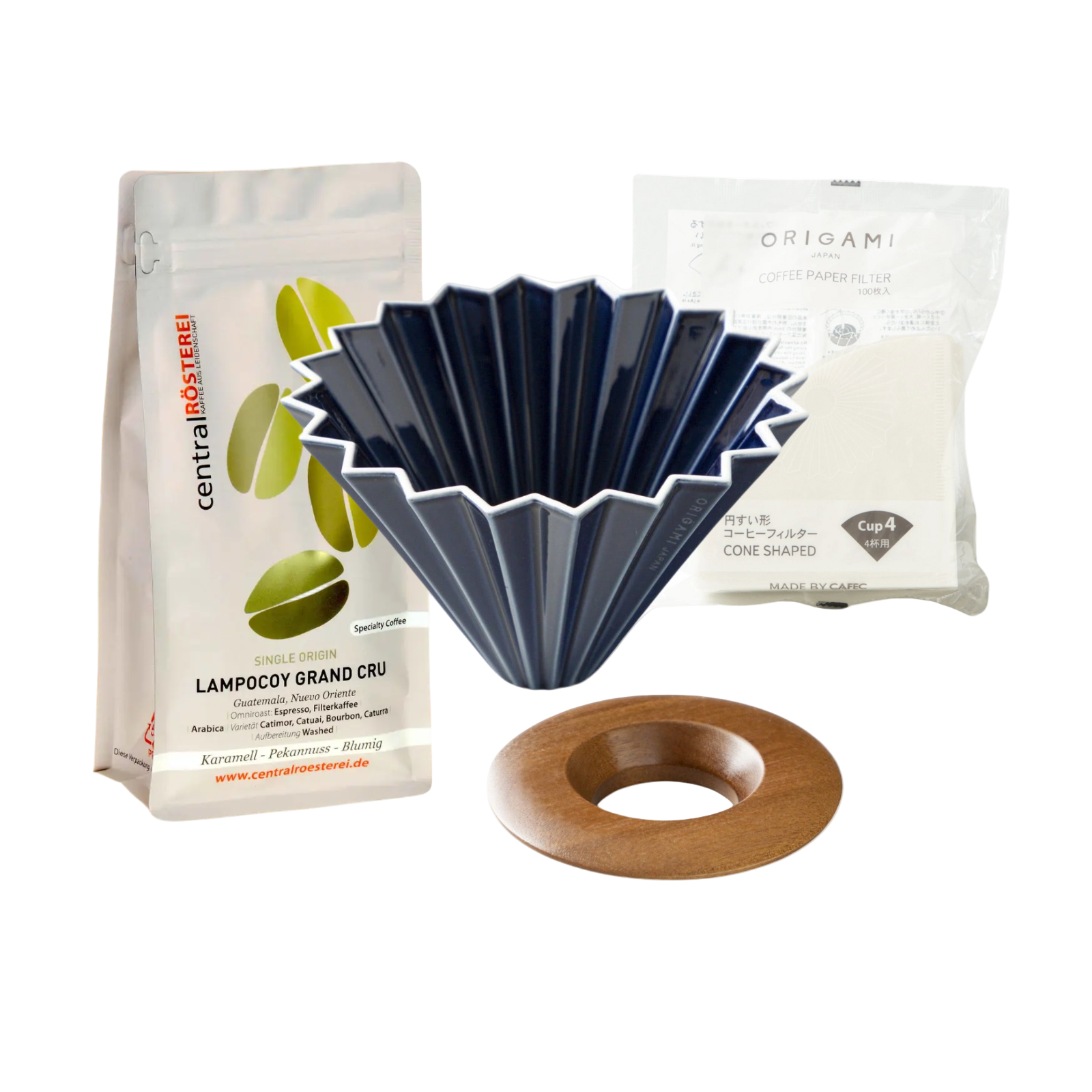 Navy-Origami-dripper-set-mit-Kaffeebohnen