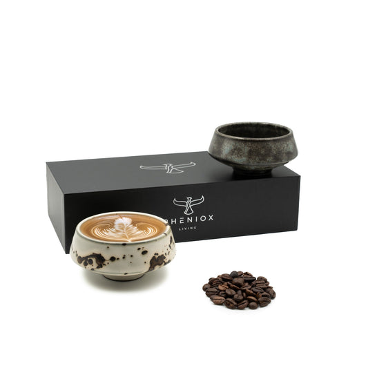 Cappuccino Tassen Set Barista mit 2er Pack 180ml Barista Tassen in baige-braun und schwarz-grau inkl. hochwertiger Geschenkverpackung