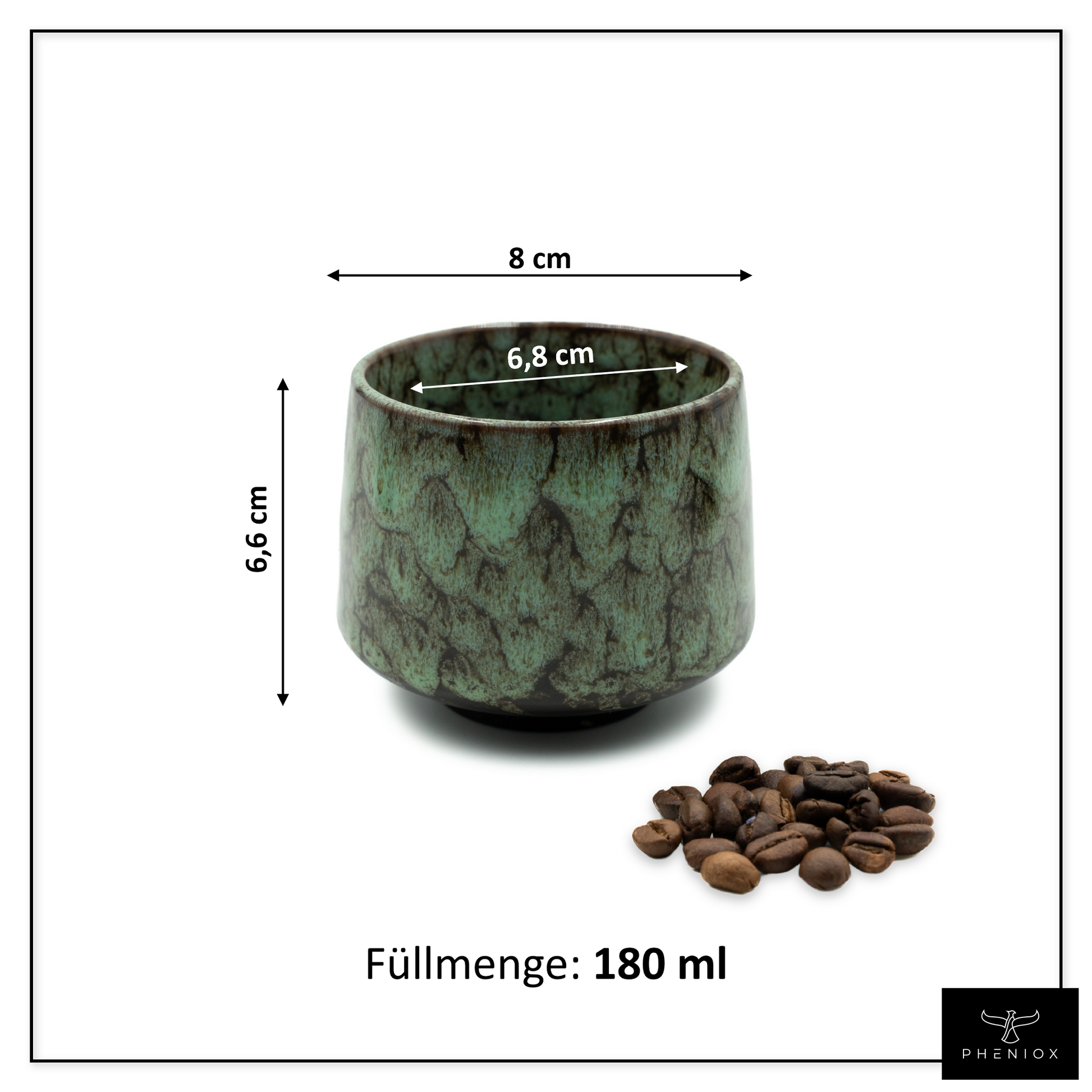 Cappuccino Tasse mit Abmessungen. Füllmenge 180ml, Höhe 6,6cm, breiteste Stelle 8cm, Öffnung 6,8cm