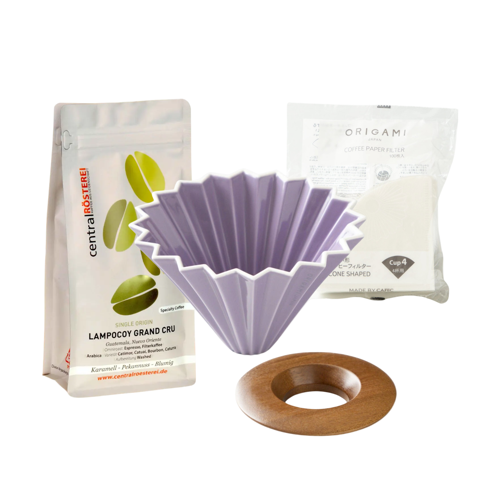 Purple-Origami-dripper-set-mit-Kaffeebohnen