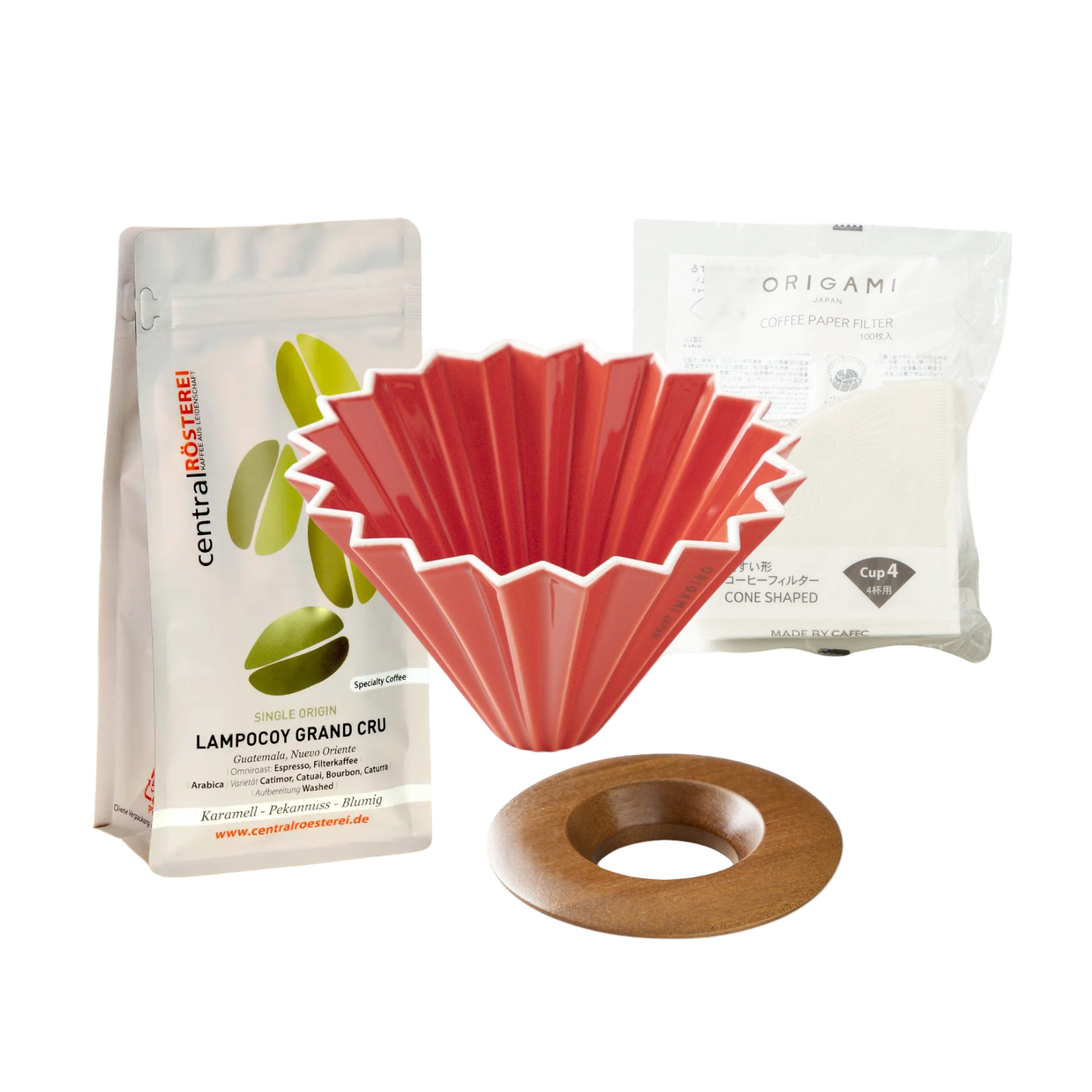 Rot-Origami-dripper-set-mit-Kaffeebohnen