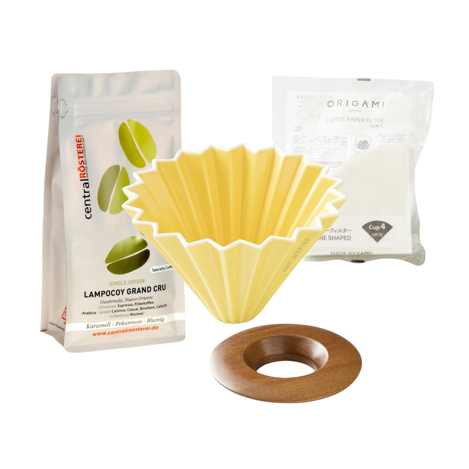 Yellow-Origami-dripper-set-mit-Kaffeebohnen